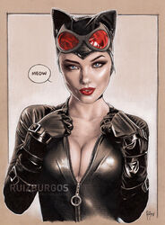  1girls 2018 batman_(series) black_bodysuit black_gloves black_leather blue_eyes bodysuit catwoman dated dc dc_comics dialogue eyeshadow female female_only gloves goggles human leather makeup mascara pinup red_goggles red_lips red_lipstick ruiz_burgos selina_kyle signature solo straight_hair supervillain text unzipped unzipped_bodysuit upper_body zipper zipper_pull_tab 