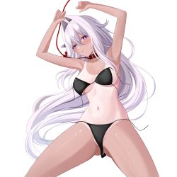  absurdres aircell armpits arms_up belt_collar bikini black_bikini breasts collar collarbone commentary female hair_intakes highres honkai_(series) honkai_impact_3rd large_breasts leash long_hair multiple_views navel parted_lips purple_eyes simple_background smile stomach swimsuit tan tanlines thelema_nutriscu white_background white_hair 