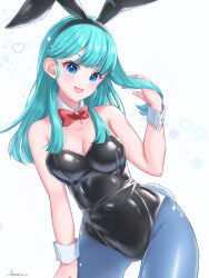  animal_ear_hairband animal_ears aomo aqua_eyes black_leotard blue_eyes blue_pantyhose bow bowtie breasts bulma_briefs cleavage cowboy_shot detached_collar dragon_ball dragon_ball_(classic) fake_animal_ears female hairband hand_on_own_thigh highres leotard long_hair medium_breasts pantyhose playboy_bunny rabbit_ears rabbit_tail red_bow red_bowtie solo strapless strapless_leotard tail white_background wrist_cuffs 
