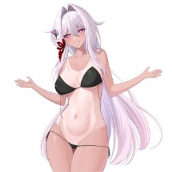  absurdres aircell bikini black_bikini breasts collarbone commentary cowboy_shot female hair_intakes highres honkai_(series) honkai_impact_3rd large_breasts long_hair navel parted_lips purple_eyes simple_background smile solo stomach swimsuit tan tanlines thelema_nutriscu white_background white_hair 