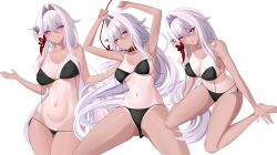  absurdres aircell armpits arms_up barefoot bikini black_bikini breasts collarbone commentary cowboy_shot feet female hair_intakes highres honkai_(series) honkai_impact_3rd large_breasts long_hair multiple_views navel parted_lips purple_eyes simple_background smile soles stomach swimsuit tan tanlines thelema_nutriscu white_background white_hair 