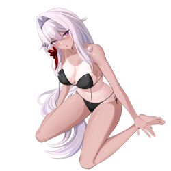  absurdres aircell barefoot bikini black_bikini breasts cameltoe collarbone commentary feet female hair_intakes highres honkai_(series) honkai_impact_3rd large_breasts long_hair multiple_views navel parted_lips purple_eyes seiza simple_background sitting smile stomach swimsuit tan tanlines thelema_nutriscu white_background white_hair 