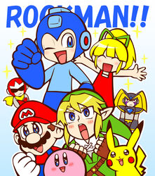  5boys bass_(mega_man) blonde_hair blue_eyes commentary_request crossover facial_hair female gloves hanasaki_(1470267) hat helmet kirby kirby_(series) link long_hair mario mario_(series) mega_man_(character) mega_man_(classic) mega_man_(series) moustache multiple_boys one_eye_closed pikachu pointy_ears pokemon pokemon_(creature) proto_man roll_(mega_man) scarf smile super_mario_bros._1 super_smash_bros. the_legend_of_zelda 