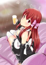  alcohol amane_(dream_c_club) beer bow breasts brown_eyes brown_hair cleavage commentary_request detached_sleeves dream_c_club dream_c_club_(series) drink female from_above hairbow highres holding hostess ju_(old505) long_hair looking_at_viewer maid medium_breasts pink_bow sitting solo thighhighs viewfinder white_thighhighs 