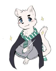  5_fingers anthro blue_eyes blush cloak clothed clothing domestic_cat felid feline felis fingers fur male mammal scarf simple_background solo sweater topwear wand white_body white_fur woong 