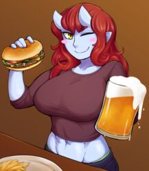  ;) abs aoi_(ittla) beer_mug blue_skin blush_stickers breasts brown_background brown_shirt burger colored_skin commentary cup female food french_fries highres holding holding_cup horns ittla large_breasts long_hair looking_at_viewer midriff monster_girl mug navel one_eye_closed oni original pants plate pointy_ears red_hair shirt skin-covered_horns slit_pupils smile solo yellow_eyes 