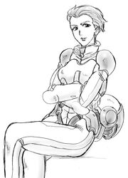  commentary_request female graphite_(medium) greyscale gundam helmet juca_meilasch monochrome normal_suit pilot_suit s.shimizu short_hair smile traditional_media unworn_headwear unworn_helmet victory_gundam 