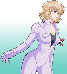  blonde_hair blue_eyes breasts choker commentary_request female gundam large_breasts normal_suit peggy_lee pilot_suit s.shimizu short_hair smile unzipped victory_gundam 