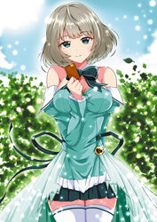  absurdres bare_shoulders blue_eyes breasts brown_hair cellphone commentary_request dress female green_eyes heterochromia highres idolmaster idolmaster_cinderella_girls looking_at_viewer medium_breasts mole mole_under_eye phone photoshop_(medium) pia_carrot_(series) pia_carrot_e_youkoso!!_3 ribbon shailiar short_hair smartphone smile solo takagaki_kaede thighhighs waitress white_thighhighs zettai_ryouiki 