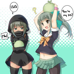  2girls ? bow bowtie brown_eyes commentary crossover dark-skinned_female dark_skin english_commentary english_text food fruit green_skirt grey_hair hairbow highres hood hoodie isis-chan isis_(terrorist_group) kantai_collection melon midriff multiple_girls muslim navel original pantyhose pleated_skirt ponytail pun school_uniform serafuku sesield short_hair short_sleeves skirt yuubari_(kancolle) 