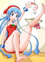  arm_support armpits bare_shoulders barefoot blush bracelet breasts commentary_request d: dress feet female hat highres ikamusume jewelry kawa leg_up legs merry_christmas open_mouth panties pantyshot sack sad santa_costume santa_hat shinryaku!_ikamusume shrimp sitting small_breasts solo string tears tentacle_hair underwear waving white_panties 