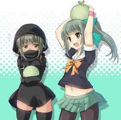  2girls bow bowtie brown_eyes commentary crossover dark-skinned_female dark_skin english_commentary food fruit green_skirt grey_hair hairbow highres hood hoodie isis-chan isis_(terrorist_group) kantai_collection melon midriff multiple_girls muslim navel original pantyhose pleated_skirt ponytail school_uniform serafuku sesield short_hair short_sleeves skirt textless_version thighhighs yuubari_(kancolle) 