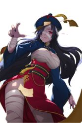  alternate_costume bandage_over_one_eye black_hair black_nails blue_hat breasts chinese_clothes cleavage cowboy_shot female from_below groin hat highres jiangshi large_breasts leg_wrap long_hair looking_at_viewer nail_polish official_art ofuda ofuda_on_clothes outstretched_hand pale_skin parted_lips qingdai_guanmao ravian_(soccer_spirits) red_eyes sarashi soccer_spirits solo standing tassel transparent_background wide_sleeves 