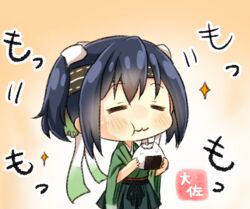  artist_name black_hakama blue_hair chibi closed_eyes commentary_request eating female food green_kimono hachimaki hakama hakama_skirt headband japanese_clothes kantai_collection kimono onigiri skirt solo souryuu_(kancolle) souryuu_kai_ni_(kancolle) taisa_(kari) translated twintails 