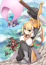  1boy 3girls aqua_(konosuba) armor armored_boots bare_shoulders belt black_hair blonde_hair blue_eyes blue_footwear blue_hair blue_thighhighs blush boots breasts brown_footwear cliff commentary_request coupe50 darkness_(konosuba) detached_sleeves falling fingerless_gloves gloves grey_footwear hagoromo hair_ornament hat highres knee_boots kono_subarashii_sekai_ni_shukufuku_wo! large_breasts long_hair megumin multiple_girls open_mouth orange_theme panties parachute ponytail red_eyes ribbon satou_kazuma shawl short_hair single_hair_ring skirt staff sword thighhighs underwear weapon witch_hat x_hair_ornament 