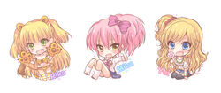  3girls animal_ears bad_id bad_pixiv_id black_thighhighs blonde_hair blue_eyes blush candy character_name collarbone commentary_request food green_eyes highres idolmaster idolmaster_cinderella_girls jougasaki_mika jougasaki_rika lion_ears lion_paw lion_tail lollipop long_hair multiple_girls navel oerba_yun_fang off_shoulder ohtsuki_yui one_side_up open_mouth pink_hair pocopoco short_shorts short_sleeves shorts side_ponytail star_(symbol) tail thighhighs two_side_up v very_long_hair yellow_eyes 