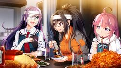  aqua_eyes bandage bandaid black_hair drink food front_wing fukami_reina game_cg grisaia:_phantom_trigger ikoma_murasaki inohara_maki pink_hair ponytail purple_eyes purple_hair red_eyes scarf seifuku tie watanabe_akio 