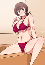  active_raid angry bare_shoulders bikini blush breasts brown_hair cleavage female kazari_asami large_breasts long_hair looking_at_viewer midriff navel purple_eyes sitting solo sweat underboob 