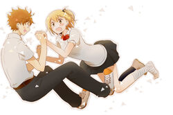  1boy bad_id bad_pixiv_id bandaged_leg bandages blonde_hair female haikyuu!! hair_ornament hinata_shouyou holding_hands interlocked_fingers long_hair orange_eyes orange_hair photoshop_(medium) satsu school_uniform short_hair side_ponytail smile sprain yachi_hitoka 