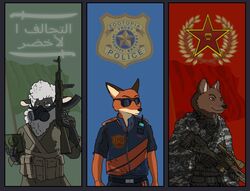  ak-47 ak_platform aleone arabic_text assault_rifle bovid canid canine caprine communism dhole disney domestic_sheep electronics eyewear flag fox fr_f2 gas_mask gun male mammal mask military police politics radio ranged_weapon red_star rifle sheep sniper sunglasses terrorism text translated weapon zootopia 