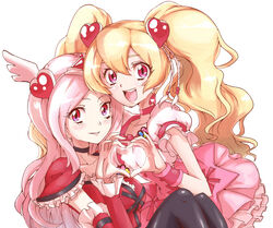  2girls 4-fingers_heart_hands black_choker black_pantyhose blonde_hair breasts choker commentary_request cure_passion cure_peach dress earrings fresh_precure! hair_ornament head_wings heart heart_hair_ornament heart_hands heart_hands_duo heart_in_heart_hands higashi_setsuna jewelry long_hair magical_girl medium_breasts momozono_love multiple_girls pantyhose pink_choker pink_eyes pink_hair pink_wrist_cuffs precure red_eyes ribbon sitting smile sumiosmith tiara twintails wings wrist_cuffs 