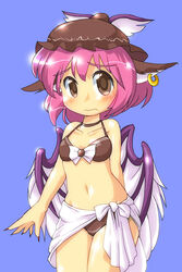  adapted_costume animal_ears arm_behind_back bad_id bad_pixiv_id bikini blue_background blush bow breasts brown_bikini brown_eyes choker collarbone cowboy_shot earrings female fingernails hat hip_focus hoop_earrings jewelry long_fingernails looking_at_viewer marisa_to_alice_no_cookie_storia mob_cap mystia_lorelei nail_polish navel photoshop_(medium) pink_hair ribbon sarong sharp_fingernails shiny_skin short_hair simple_background single_earring small_breasts solo standing swimsuit touhou wavy_mouth wings winn 