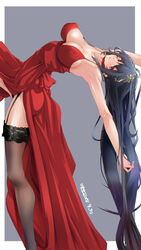  ahoge alternate_costume armpits arms_up azitama_atsushi_(attyuu) azur_lane bare_shoulders black_hair black_panties black_thighhighs blush breasts choker cleavage closed_mouth cocktail_dress collarbone commentary_request dated dress female garter_straps gold hair_between_eyes hair_ornament highres huge_breasts lace lace-trimmed_legwear lace_trim large_breasts leaning_back leg_up long_hair long_legs looking_at_viewer outside_border panties photoshop_(medium) red_choker red_dress red_eyes sidelocks signature simple_background smile solo standing standing_on_one_leg taihou_(azur_lane) taihou_(forbidden_feast)_(azur_lane) thighhighs underwear very_long_hair 