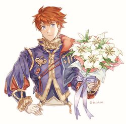  1boy :3 absurdres armor bad_id bad_twitter_id blue_eyes cape eliwood_(fire_emblem) eliwood_(valentine)_(fire_emblem) fire_emblem fire_emblem:_the_blazing_blade fire_emblem_heroes flower highres looking_at_viewer male_focus red_hair smile solo tecchen white_background 