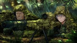  forest front_wing game_cg grass grisaia:_phantom_trigger gun male military shishigaya_touka tree uniform watanabe_akio weapon white_hair yellow_eyes 