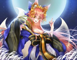  animal_ear_fluff animal_ears breasts cleavage collarbone commentary_request crown fate/grand_order fate_(series) female fox_ears fox_girl fox_shadow_puppet fox_tail full_moon japanese_clothes large_breasts long_hair looking_at_viewer moon oerba_yun_fang official_alternate_costume open_mouth pink_hair rice_(plant) solo tail tamamo_(fate) tamamo_no_mae_(fate/extra) tamamo_no_mae_(third_ascension)_(fate) trudy0816 yellow_eyes 