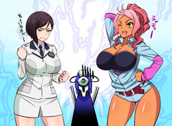  1boy 2girls abigail_martinez active_raid angry aqua_eyes armor belt black_hair breasts cleavage clenched_teeth coat dark_skin earrings green_eyes helmet large_breasts long_hair mole multiple_girls necklace necktie one_eye_closed ooshikouchi_miho open_mouth pink_hair ponytail sena_souichirou short_hair short_shorts shorts skirt standing suit wink 