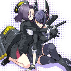  2girls boots commentary_request eyepatch fingerless_gloves gloves halo headgear hug hug_from_behind kantai_collection loafers mechanical_halo multiple_girls no_socks purple_eyes purple_hair school_uniform shoes short_hair sio_1234 skirt sleeves_rolled_up tatsuta_(kancolle) tenryuu_(kancolle) thighhighs yellow_eyes yuri 