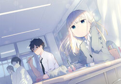  2boys 2girls aharen-san_wa_hakarenai aharen_reina black_hair black_necktie blurry bookshelf cardigan ceiling chalkboard classroom collared_shirt commentary_request curtains day depth_of_field desk door dress_shirt dutch_angle eraser expressionless faceless hair_flip holding holding_pencil indoors lens_flare long_hair long_sleeves looking_afar looking_at_viewer matsuboshi_raidou mechanical_pencil mizu_asato multiple_boys multiple_girls necktie official_art pencil pencil_case photoshop_(medium) school_desk school_uniform shirt sitting sleeves_past_wrists sleeves_rolled_up solo_focus sunlight tile_ceiling tiles white_hair white_shirt window wing_collar 