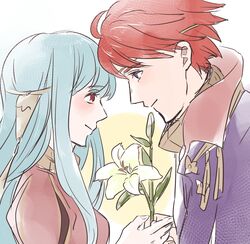  1boy bare_shoulders blue_eyes blue_hair cape commentary_request couple dress eliwood_(fire_emblem) eliwood_(valentine)_(fire_emblem) female fire_emblem fire_emblem:_the_blazing_blade fire_emblem_heroes flower hair_ornament highres hoshigaki_(hsa16g) long_hair ninian_(fire_emblem) red_eyes red_hair short_hair smile straight 