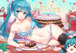  absurdres artist_name bare_shoulders birthday birthday_cake black_thighhighs blue_bra blue_eyes blue_hair blue_panties blush bra breasts cake cake_slice cleavage collarbone commentary female food fork happy_birthday hatsune_miku highres large_breasts looking_at_viewer lying navel on_side panties parted_lips plate solo striped_bra striped_clothes striped_panties thighhighs twintails underwear vocaloid w-verne white_bra white_panties 