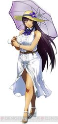  amanomiya_ayame banpresto belt breasts dress hat high_heels large_breasts legs long_hair looking_at_viewer official_art skirt straw_hat super_robot_wars super_robot_wars_x-omega umbrella white_dress 