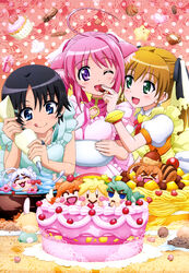  3girls :d :q ;d absurdres animal_ears apron black_hair blue_eyes cake cupcake dog_days dog_ears dog_girl earrings feeding food green_eyes hair_ornament hair_ribbon hairclip highres holding_pastry_bag jewelry millhiore_f._biscotti multiple_girls non-web_source nyantype official_art one_eye_closed open_mouth pastry_bag pink_hair purple_eyes rebecca_anderson ribbon smile sweets takatsuki_nanami tongue tongue_out twintails 