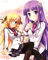  2girls ;p absurdres aqua_eyes artist_name black_legwear blazer blonde_hair blush boots flower hair_flower hair_ornament hair_ribbon highres hime_cut iro_ni_ide_ni_keri_waga_koi_wa jacket ko~cha long_hair multicolored_hair multiple_girls narumi_yuu_(bunbukudou) necktie one_eye_closed pantyhose purple_eyes purple_hair ribbon school_uniform signature tenjou_kikyou tenjou_rio tongue tongue_out two-tone_hair two_side_up 