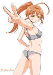  active_raid ahoge armpits ass back bare_shoulders blush breasts brown_hair butt_crack erect_nipples female long_hair midriff panties ponytail small_breasts smile yamabuki_rin yellow_eyes 