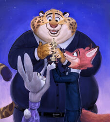  2017 anthro award belt benjamin_clawhauser black_nose canid canine cheetah clothed clothing digital_media_(artwork) digital_painting_(artwork) dipstick_tail disney dress felid feline female fox fur gamutfeathers grey_body grey_fur group hi_res hidden_mickey judy_hopps lagomorph leporid long_ears male mammal markings multicolored_tail nick_wilde night open_mouth open_smile orange_body orange_fur oscar_statuette overweight pink_nose purple_eyes rabbit small_tail smile spots spotted_body spotted_fur suit tail tail_markings whiskers zootopia 