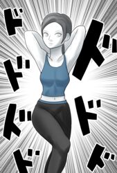  armpits arms_behind_head artist_request emphasis_lines female grey_eyes grey_hair highres leggings midriff pale_skin ponytail simple_background solo sports_bra super_smash_bros. trainer_(wii_fit) wii_fit wii_fit_trainer 