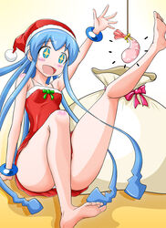  +_+ :d arm_support armpits bare_shoulders barefoot blush bracelet breasts commentary_request dress drooling feet female hat highres ikamusume jewelry kawa leg_up legs merry_christmas open_mouth panties pantyshot sack santa_costume santa_hat shinryaku!_ikamusume shrimp sitting small_breasts smile solo star-shaped_pupils star_(symbol) string symbol-shaped_pupils tentacle_hair underwear waving white_panties 