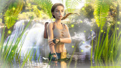  1girls 3d belt belt_buckle blood braid braided_hair breasts brown_hair cleavage curvy female female_only fingerless_gloves gun lara_croft lara_croft_(classic) large_breasts navel pistol ripped_clothing scar scratches short_shorts tagme tank_top thick_eyebrows tomb_raider tombraider4ever water waterfall wet 