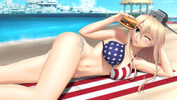  american_flag american_flag_bikini american_flag_print arm_support battleship beach bikini blonde_hair breasts burger commentary_request day female flag_print food headgear highres historical_name_connection iowa_(kancolle) kantai_collection large_breasts long_hair lying military military_vehicle name_connection navel object_namesake on_side one_eye_closed photoshop_(medium) print_bikini ship side-tie_bikini_bottom solo swimsuit tai_(2vs) tongue tongue_out uss_iowa_(bb-61) vehicle_and_personification warship watercraft 