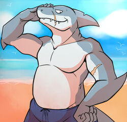  anthro beach blue_clothing blue_sky blue_swimwear clothed clothing detailed_background fish gash_(thegreatmatsutzu) male marine musclegut muscular muscular_anthro muscular_male outside sand seaside shark sky solo swimwear thegreatmatsutzu topless 