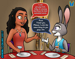  2017 academy_awards anthro award bare_shoulders black_hair bracelet brown_eyes buckteeth clothed clothing crossover dialogue dipstick_ears disney dress duo ear_markings english_text female fur hair holding_object human jewelry judy_hopps kendall_collins lagomorph leporid long_ears mammal moana moana_waialiki multicolored_body multicolored_ears multicolored_fur napkin oscar_statuette pendant plate purple_eyes rabbit restaurant sitting size_difference teeth text two_tone_body two_tone_fur zootopia 