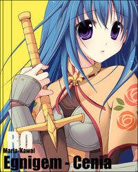  armor blue_hair breastplate egnigem_cenia female kawai_maria long_hair looking_at_viewer lowres purple_eyes ragnarok_online sword swordsman_(ragnarok_online) weapon 