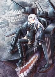  abyssal_ship aircraft_carrier_water_oni apoidea armor armored_boots black_dress black_footwear boots colored_skin commentary_request detached_sleeves dress female hair_ornament high_heel_boots high_heels highres kantai_collection knee_boots long_hair looking_at_viewer machinery orange_eyes photoshop_(medium) sailor_dress short_dress sitting smile solo thighhighs turret white_hair white_skin zettai_ryouiki 