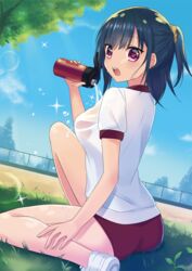  ass black_hair blue_sky bottle breasts buruma cloud commentary_request day dutch_angle female grass gym_uniform hair_ornament hair_scrunchie holding holding_bottle kawachi_306 light_rays looking_at_viewer looking_back medium_breasts moe2017 open_mouth original outdoors ponytail pouring purple_eyes scrunchie see-through shirt shoes short_sleeves sitting sky sneakers solo sparkle sunlight sweat teeth thighs tree water_bottle white_shirt 