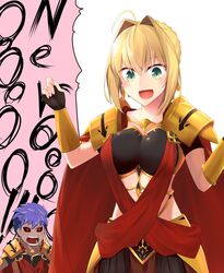  1boy ahoge aqua_eyes armor blonde_hair blue_hair blush braid breasts caligula_(fate/grand_order) caligula_(fate/grand_order)_(cosplay) cape cosplay dark_skin earrings fate/extra fate/grand_order fate_(series) female midriff red_eyes saber_extra short_hair skirt 